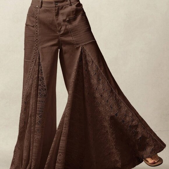 Brown Casual Women's Bohemian Style Woven lace detailed Flared Mid-Waist Pants - Picture 4 of 7